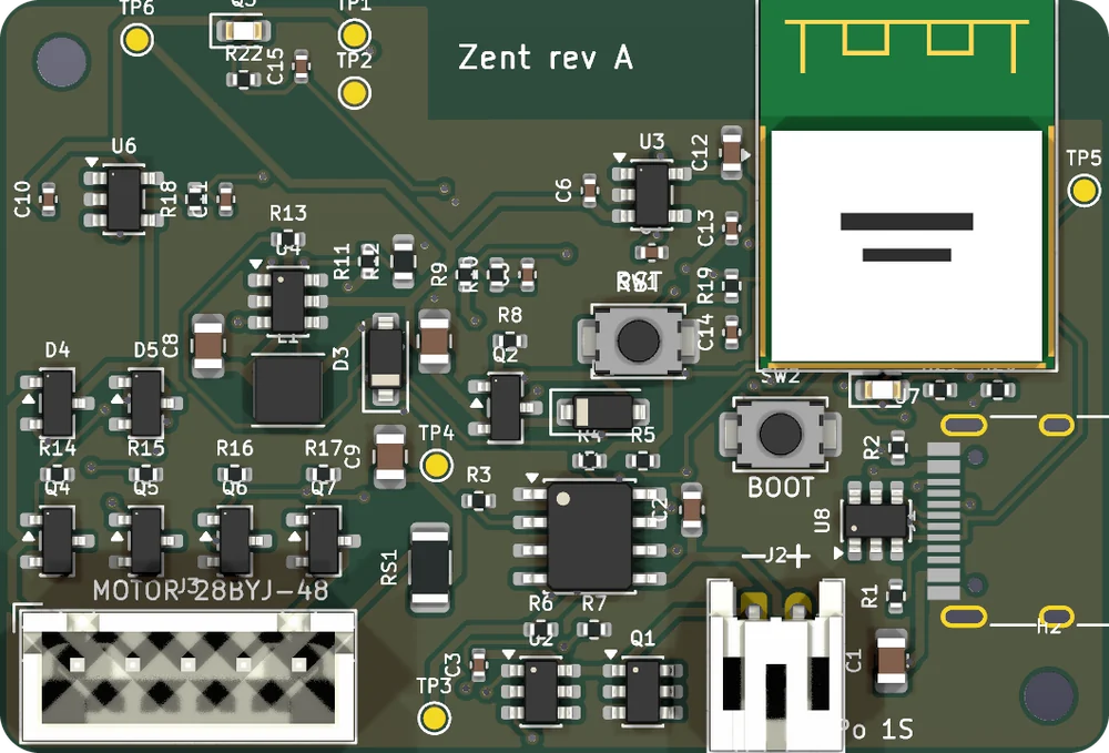 Placa Zent văzută de sus: modulul ESP32-C3, portul USB-C, conectorii pentru motor și baterie